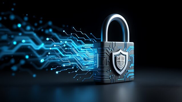 Digital security padlock with glowing electronic circuit board pattern backdrop