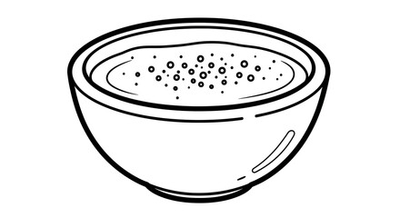 A simple black and white line drawing of a bowl filled with food and small circular toppings