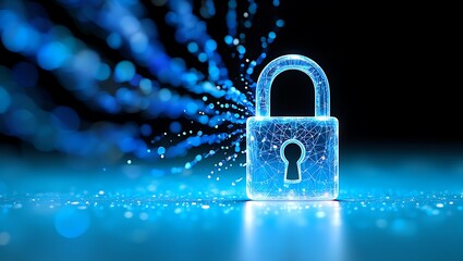 Digital Security Padlock with Glowing Network Connections and Data Stream