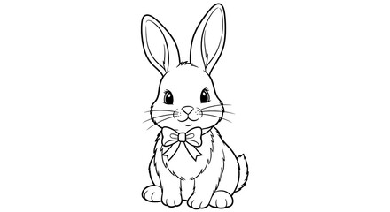 Line art illustration of a bunny with a bow tie sitting on a white background looking forward