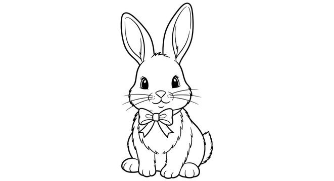 Line art illustration of a bunny with a bow tie sitting on a white background looking forward