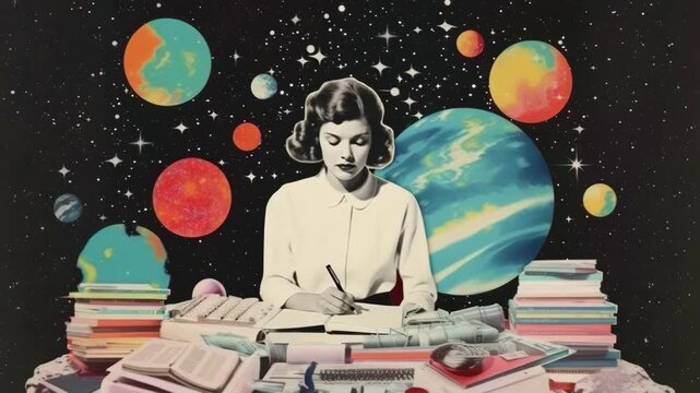 Retro-futuristic collage of a woman at a desk with planets. Overhead angle creates a surreal, vintage video game aesthetic. Live desktop wallpaper.