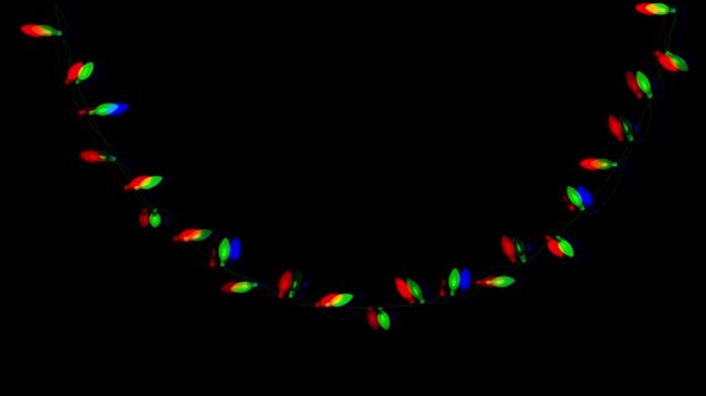 Animated string lights with a glitch effect and chromatic aberration on a black background. New Year or Christmas garland for a holiday theme and celebration.