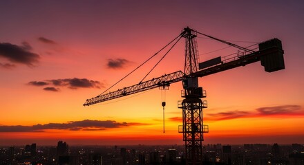 Tower crane against vibrant sunset over city skyline