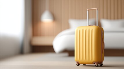 Bright yellow suitcase stands in a cozy bedroom with soft lighting, showcasing modern design and inviting atmosphere for last minute travel preparations