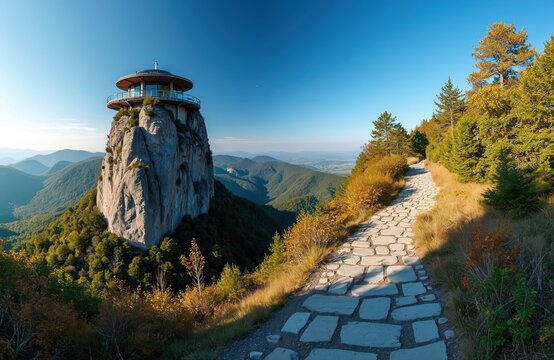 Stone path leads up a mountain to a modern observation deck. Lush green trees and hills surround rocky peak with blue sky above. Scenic natural landscape view.