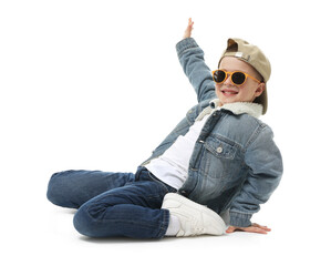 Portrait of cute little boy on white background