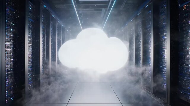 A server room with racks of data processing equipment. A cloud shape glows in the center, and a path leads toward it - Powered by Adobe