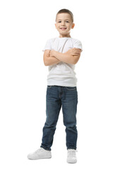 Portrait of cute little boy on white background