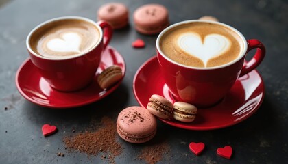 Two red cups of cappuccino with latte art hearts and macarons on saucers. Coffee with milk foam and sweet cookies arranged on dark tabletop.