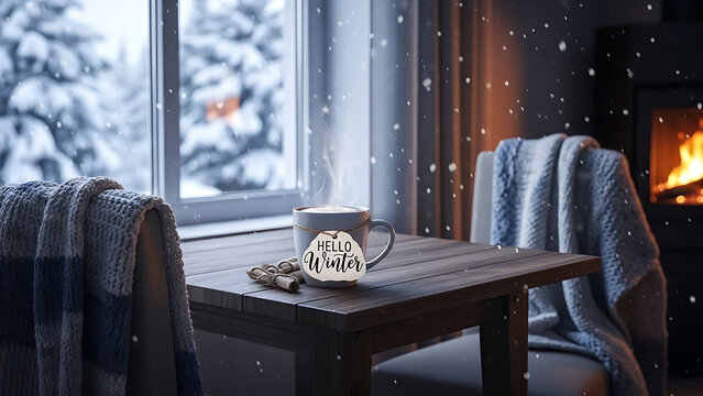 Cozy Winter Table With Hello Winter Mug By Fireplace And Snowy Window View...