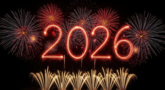 Bright fireworks celebrate the arrival of the year 2026