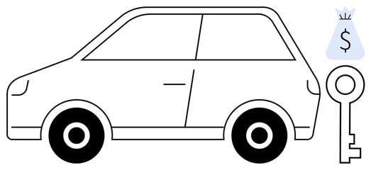 Car outline with a key and money bag icon depicting vehicle ownership, leasing, financing, rentals, car loans, transportation, sharing economy, and buying decisions. Ideal for mobility automotive