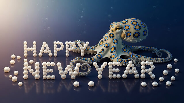 Playful Octopus Creates Happy New Year Message With Pearl Beads Underwater Scene..