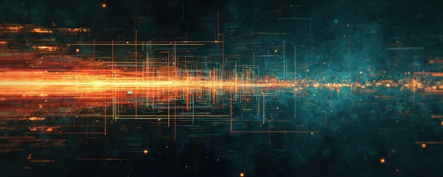 Abstract digital art. Futuristic composition with orange and blue colors. Dynamic lines create network connection. Conceptual image for tech innovation cyberspace.