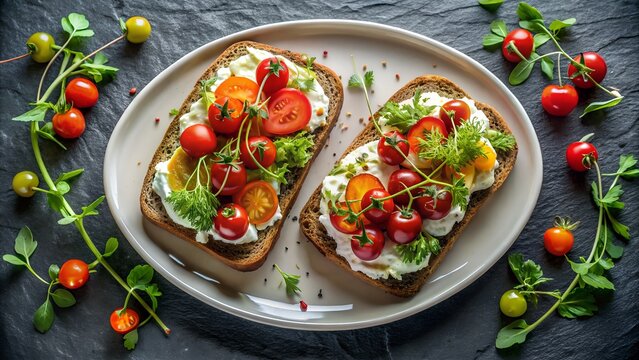 Two open faced sandwiches with tomatoes herbs and cream cheese on a plate