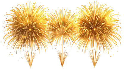 Three bright golden fireworks explode, displaying luminous starburst patterns against a completely black background