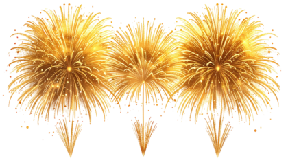 Three bright golden fireworks explode, displaying luminous starburst patterns against a completely black background