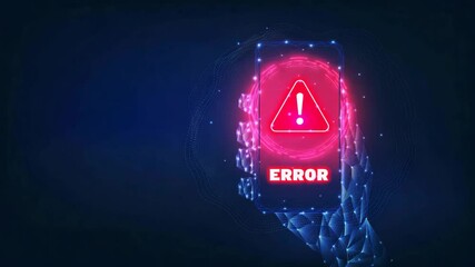 A digital hand holding a smartphone displaying an error message, signifying issues in technology or software.