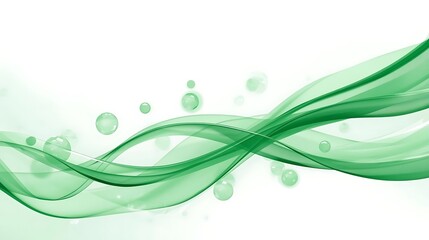 Green flowing abstract waves with transparent bubbles on white background image