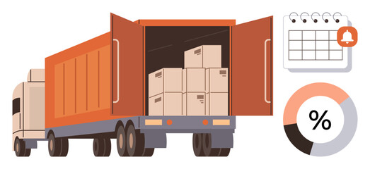 Truck with open cargo, filled boxes, calendar, and chart. Ideal for logistics, supply chain, planning, delivery scheduling transportation statistics. Simple flat metaphor
