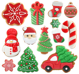 Christmas gingerbread cookies decorated with icing isolated on white, set
