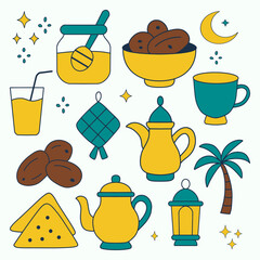 Ramadan iftar food doodle set with a sweet doodle illustration pack such as dates, sambosa, tea cup, teapot, kurma bowl, and small lanterns. 