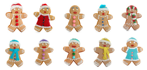 Christmas gingerbread cookies decorated with icing isolated on white, set