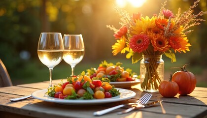 Two wine glasses and fresh salad sit on wooden table with flowers and pumpkins. Warm sunlight illuminates outdoor dining setting. Perfect for autumn meal celebration.
