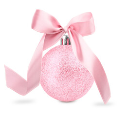 Christmas ball with bow isolated on white. Pink festive ornament
