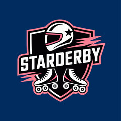 Obraz premium Starderby roller derby crest with star helmet and quad skates, fast contact sport team logo badge, modern league branding vector for uniforms and posters