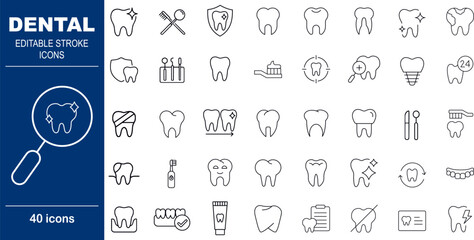 Dental Care and Oral Health Vector Icons. Set of 40 editable stroke symbols for dentistry, tools, and procedures. Includes teeth, toothbrush, and dental examination tools