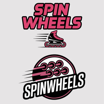 Spin Wheels inline skate logos with fast motion trails and circular mark, modern roller brand vector for fitness, recreation and urban skating clubs