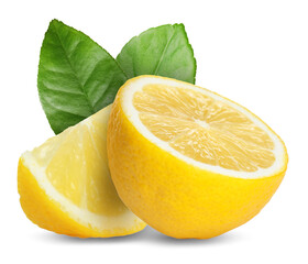 Lemon pieces and green leaves isolated on white