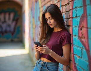 Teen girl texting on phone while leaning against graffiti wall. Young woman using mobile device outdoors, focused on screen, casual street style.