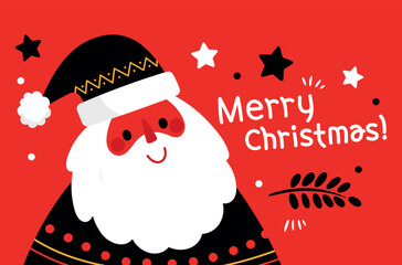 Cute Santa Claus vector illustration with a black hat and festive decorations. Merry Christmas text. Perfect for Christmas cards, posters, invitations, banners, and holiday designs.