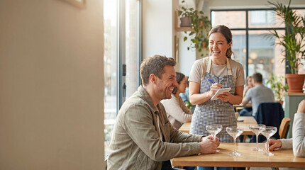 Waitress serving coffee to smiling man in cafe with daylight interior