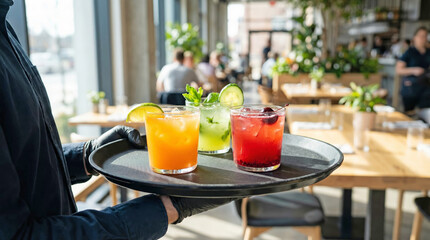 Waitress serving cocktail drinks on black tray in restaurant interior