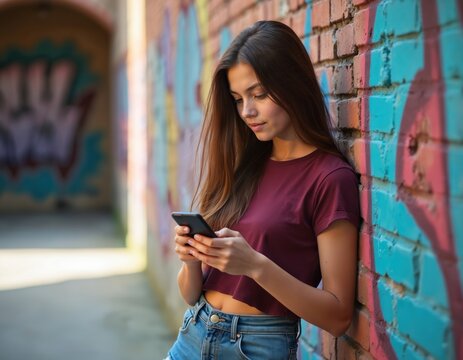Teen girl texting on phone while leaning against graffiti wall. Young woman using mobile device outdoors, focused on screen, casual street style.