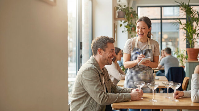 Waitress serving coffee to smiling man in cafe with daylight interior - Powered by Adobe