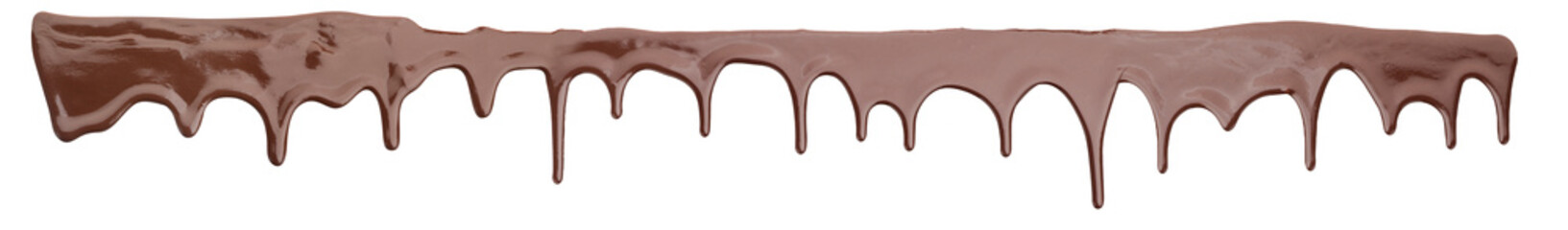 Tasty melted chocolate dripping on white background