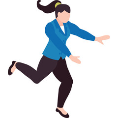 Woman In Blue Jacket And Black Pants Running With Arms Outstretched In A Dynamic Pose Isolated On A White Background