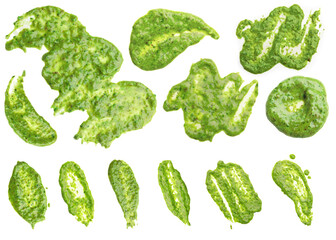 Set of fresh pesto sauce isolated on white, top view