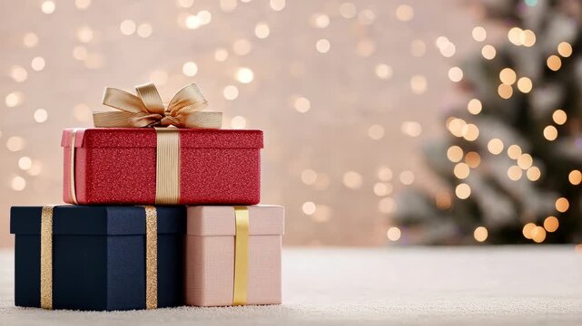 Twinkling holiday background with stacked gift boxes and golden bows