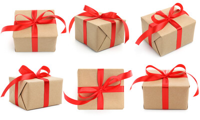Gift box with red bow isolated on white, collage