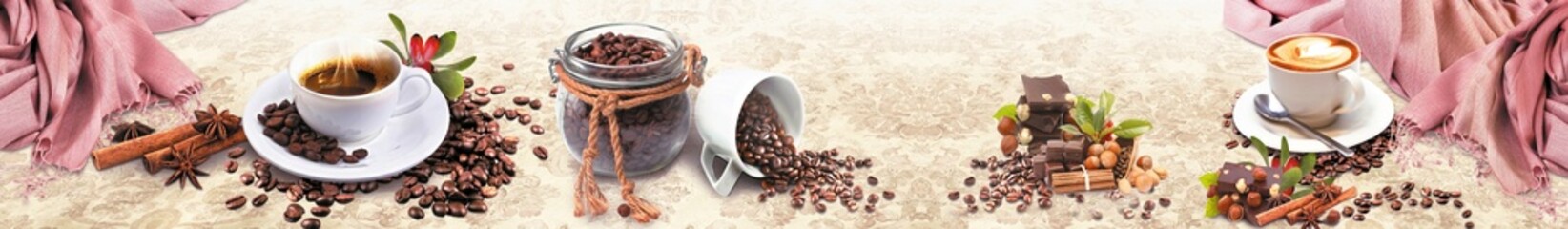 Elegant coffee and chocolate still life with steaming cups, roasted beans, cinnamon sticks, and pink textile background