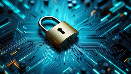 Secure network concept with padlock and digital circuit board background