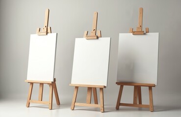 Illustration of three wooden easels with white blank canvases. Art boards stand ready for painting artwork or displaying creative projects. This photo suitable for creative design or artistic concept.