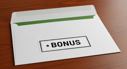 Bonus envelope on wooden table with green lining and printed label. Envelope labeled bonus is ready for delivery, conveying appreciation and extra rewards.