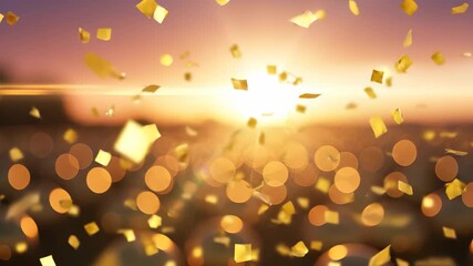a beautiful scene of shimmering gold confetti floating against a glowing sunset backdrop. This confetti dances elegantly in the air, creating a festive atmospher - Powered by Adobe